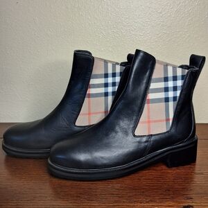 Burberry Check Panel Leather Chelsea Black Leather Ankle Boots with Plaid Accent